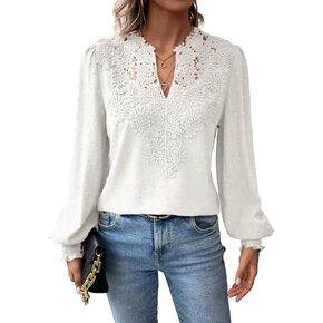 Womens Tops V Neck Boho Long Sleeve Shirts Swiss Dot Chiffon Blouses Flowy Lace Crochet Clothing Casual Trendy Tunic