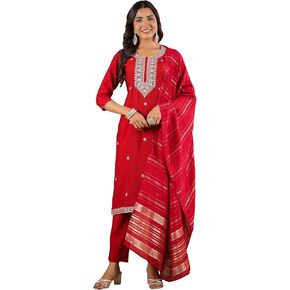 Janasya Indian Women's Kurta Kurti Set for Women Straight Embroidered Regular Sleeve Festive Calf Length Kurta Kurti Set