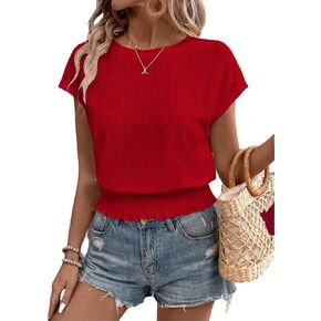 Women Summer Eyelet Top Casual Crewneck T Shirts Short Sleeve Smocked Shirts Loose Tunic Tops Blouses