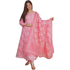 Women's Cotton Printed Embrodriery Anarkali Kurta With Palazzo & Dupatta Set