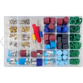 604pcs R134a A/C Valve Core&Dust Cap Kit, car A/C System Maintenance Tool Box O-Ring, A/C System Valve/Valve Cover High&Low Side Service Ports with Valve core disassembly Tool