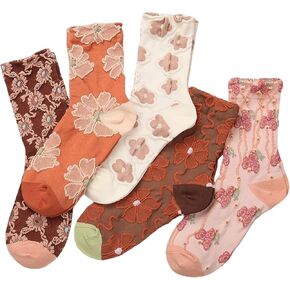 Mid Tube Crew Socks with Lace Ruffled Cuffs Delicate Embroidered Floral and Ruffle Designs Assorted Colors Pack of 5 Suitable for Women's Size 5-10