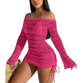 Summer Women's Sexy Mesh Hollow Out Off Shoulder Bathing Suit Coverups Long Bell Sleeve Ruched Drawstring Swimsuit