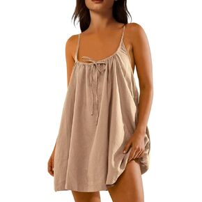 Womens Beach Coverup Swimwear Spaghetti Strap Summer Dress Backless Tie Back Mini Beach Dress with Pockets