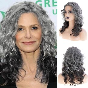 Sallcks Womens Long Curly Grey Wig 2 Tones Natural Curly Side Part Halloween Costume Wig for Women