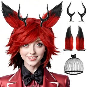 Anogol Hair Cap+(2 Ears 2Horn Clips)Alastor Wig with Horns Clips for Women Alastor Cosplay Wig Red and Black Wig Short Wig with Bangs Anime Outfit for Halloween Party Wig