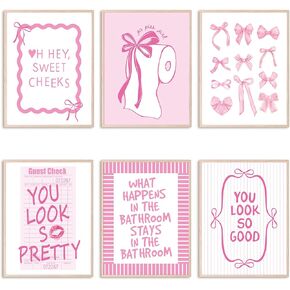 Whaline 6Pcs Pink Bow Bathroom Wall Art Prints Bowknot Coquette Paper Posters 8 x 10 Inch Preppy Picture Decoration For Bathroom Washroom Restroom, Unframed