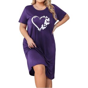 مريحة للسيدات الزائد حجم الرسوم البيانية قصيرة الأكمام فستان القلب طباعة الفساتين بيجاما midi lightgown