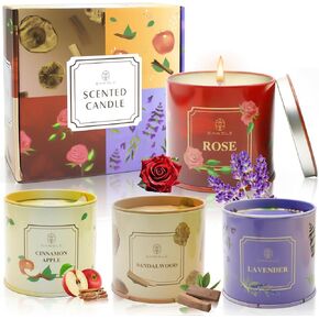 Scented Candles 4 Pack Soy Wax Long Lasting Rose Lavender Sandlawood Apple Fragrance Gifts for Women Mother's Day Thanksgiving Day Christmas Day