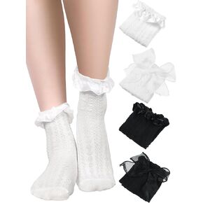 Geyoga 4 Pairs Women's Frilly Frilly Lace Conkle Socks Cute Princess High Socks (أسود وأبيض أنيق ، مقاس 5-9)