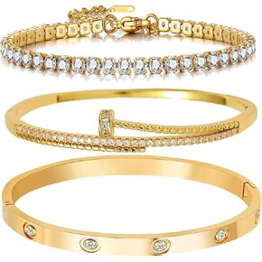 18K Gold Plated Tennis Bracelet Love Bangle Set for Women Stack Bracelets Stainless Steel Bangle Set for Love Trendy Jewelry Gifts for Women