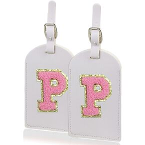 COSHAYSOO 2 Pieces Initial Luggage Tags for Teenager Girls Suitcases Personalized Travel Name Tag Identifier Trendy Traveling Backpack Accessories, Preppy Cute Chenille Letter Patch Gifts Black (M)
