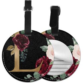 علامة الأمتعة لتر L Letter L Black Burgundy Floral ، Pu Leather Bag Bag Travel Corperguity Label Label for Women Men Boys Girls