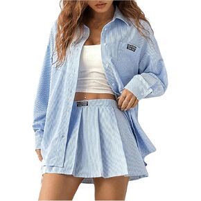 MakeMeChic Women's Two Piece Outfit Striped Button Down Shirt and Pleated Skirt Matching Set