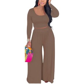 2 Piece Outfits for Women Sexy Backless Long Sleeve Crop Top High Waist Wide Leg Long Pant Sets Tracksuit Printed Set
