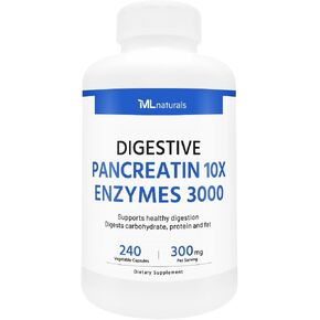 إنزيمات بانكرياس 10x الهضمية 3000mg ، 136000 وحدة USP ، 240 كبسولات خضرية.