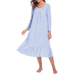 FMIRREO Long Cotton Nightgown Women's Long Sleeve Sleepwear Pleated Floral House Dress Soft Comfy Night Dress for Ladies