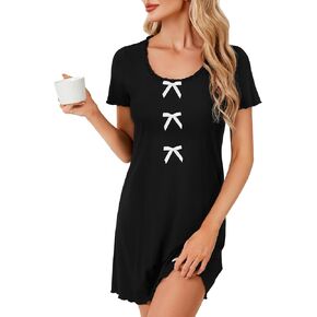 LYANER Women's Summer Scoop Neck Nightgown Frill Short Sleeve Sleep Shirt Dress with Bow