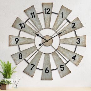 24 Inch Large Windmill Vintage Wall Clock for Living Room Decor, Silent Non Ticking Wall Clock Battery Operated, Metal Wooden Wall Clock for Bedroom, Kitchen, Office