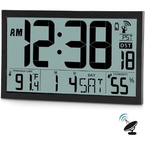 Szelam Atomic Clock ، 16.7 "شاشة كبيرة تعمل بطارية على مدار ساعة الحائط الرقمية ، والتقويم الرقمي الساعات المكتبية مع درجة حرارة داخلية ، والرطوبة ، والتاريخ ، واليوم ، DST التلقائي في غرفة نوم كبار السن