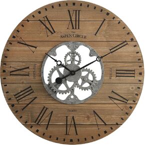 Brighton Gears Wall Clock, Brown 27 Inch Round Wooden Roman Numeral Farmhouse Decor for Living Room, Kitchen