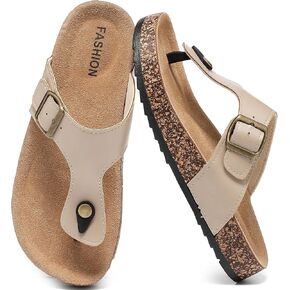 Leather Thong Cork Sandals for Men & Women, Water-Resistant Flip Flops with Cork Footbed & Memory Foam, Comfortable Summer Slides