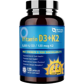 NATURE TARGET Vitamin D3 K2 with Calcium & Magnesium– Max Strength for Bone, Heart & Immune Support – 5000 IU Vitamin D3, 120 mcg K2, Non-GMO, Gluten-Free, 120 Count