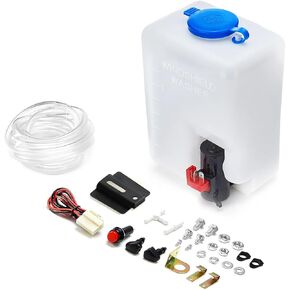 Windshield Washer Pump Reservoir Kit, Windscreen Fluid Reservoir Bottle with Pump Jet Button Switch Nozzle, 12V Universal Car Windshield Washer Bottle Pump Tank Kit