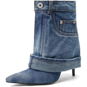 Pointed Toe Fine Stiletto High Heel Ankle Denim Booties for women Fold Over Ankle Short Jean Boots Fashion Women's Shoes