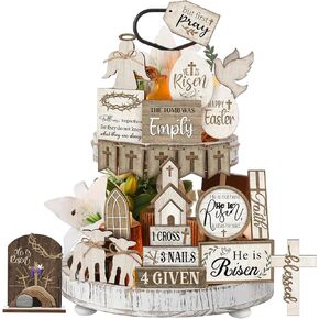 24 Pcs Easter Tiered Tray Decor He is Risen Cross Tray Decoration Sets Easter Table Wooden Sign Decorations Farmhouse Decor for Kitchen Home Party Holiday