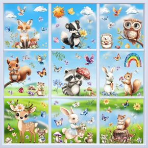 99 PCS Spring Window Clings ، 9 أوراق حيوانات زنبركية نافذة مع الثعلب اللطيف ، الأرنب ، السنجاب ، القنفذ ، البومة ، الغزلان للمنزل ، ديكور مكتب ديكور الزجاج اللوازم