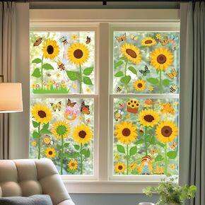 Sunflower Window Stickers 83 Pieces Spring Glass Clings Flower Home Decals Easter Window clings Sunflower Decals for Glass Windows,Display Home,Party Decors