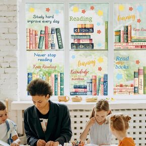 PLIGREAT 6 Sheets Vintage Book Window Clings, Reading Corner Window Stickers Peel and Stick Watercolor Windows Decals for School Classroom Home Library Bedroom Double Sided Sliding Glass Door Decor