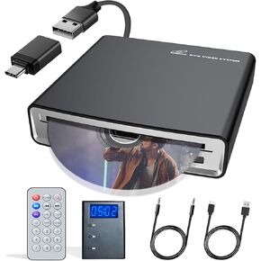 مشغل أقراص مضغوطة للسيارة مع منفذ USB ونوع C/جهاز فك التشفير/منفذ AUX، مشغل أقراص مضغوطة محمول متوافق مع السيارة/الكمبيوتر المحمول/سطح المكتب/التلفزيون/الكمبيوتر، التوصيل والتشغيل - مشغل أقراص CD/DVD خارجي للسيارة والمنزل