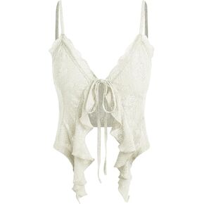 CIDER Going Out Tops for Women Y2K Tie Front Asymmetrical Ruffle Hem Lace Spaghetti Strap Cowgirl Crop Tops