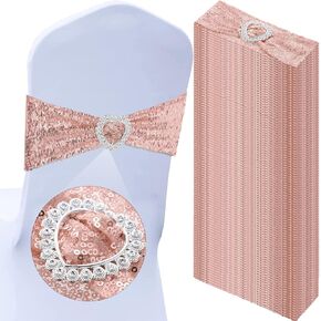 50 Pieces Sequin Chair Sashes Stretchy Sequin Chair Ties Spandex Sequin Chair Cover Band with Heart Shaped Buckle Slider for Wedding Ceremony Banquet Party Decorations (Gold)