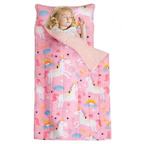 Toddler Nap Mat with Kids Weighted Blanket 3lbs and Pillow, 50 x 20 Inches, Insugar 2-in-1 Kids Sleeping Bag Weighted, Extra Long, Soft and Cozy for Preschool, Children Daycare, Travel, Pink Unicorn
