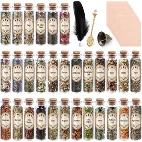 30 Pack Witchcraft Supplies Herbs, Dried Herbs and Flowers Bottles Kit for Witch Beginner, Wiccan, Wicca Altar Supplies, Magic Spell, Candle and Soap Making, with Witchy Spoon, Bell and More