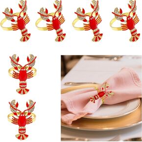 Lobster Napkin Rings Set of 6 Metal Napkin Holder Crystal Serviette Buckle for Coastal Ocean Theme Wedding Party Family Gathering Table Setting Decorations(Red,6)