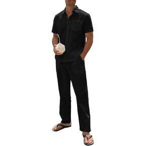 Men's Linen sets 2 Piece Outfits Beach Wedding Clothes Casual Button Down Shirts Yoga Pants Summer Matching Suit