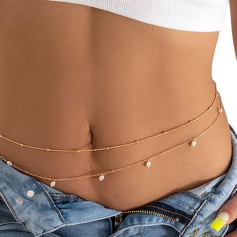 2pcs صيف سلسلة من الخصر المزيج المعدنية البيكيني متعددة الطبقات الخصر البطن سلسلة مثير الشاطئ حبات الجسم بؤلؤة سلسلة الخصر البسيطة للنساء in Kuwait