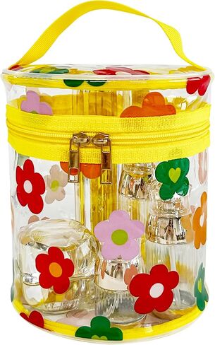 Printed Flowers Clear Cylinder Travel Makeup Bag,Portable Waterproof Pouch with Handle Ideal for Women and Girl (D2064-3) in Saudi Arabia