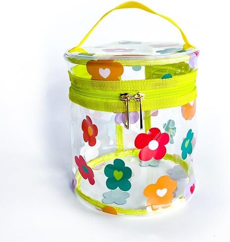 Printed Flowers Clear Cylinder Travel Makeup Bag,Portable Waterproof Pouch with Handle Ideal for Women and Girl (D2064-3) in Saudi Arabia