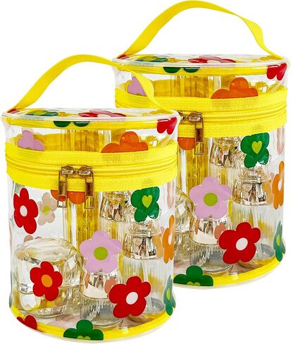 Printed Flowers Clear Cylinder Travel Makeup Bag,Portable Waterproof Pouch with Handle Ideal for Women and Girl (D2064-3) in Saudi Arabia