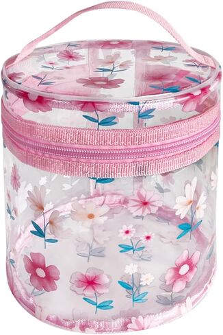 Printed Flowers Clear Cylinder Travel Makeup Bag,Portable Waterproof Pouch with Handle Ideal for Women and Girl (D2064-3) in Saudi Arabia