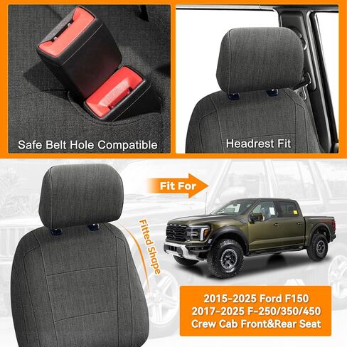 Front and Rear Seat Cover Compatible with 2015-2025 Ford F-150 2017-2025 F250/F350/F450 Crew Cab, Heavy Duty Cationic Linen Fabric Seat Protector, Charcoal in Kuwait