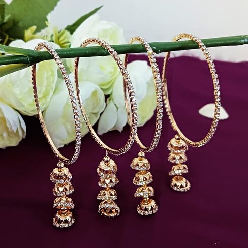 Efulgenz Bangles for Women Indian Jewelry Indian Bollywood Traditional Rhinestone Crystal Wedding Jhumka Tassel Bracelet Bangle Set Jewelry Indian Bangles Sets for Women in Saudi Arabia