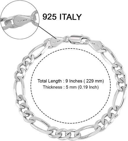 Charmsy Solid 925 Sterling Silver Figaro Link Chain Bracelet | Italian 4mm Diamond-Cut Figaro Chain Bracelet for Women Men (7, 7.5, 8, 8.5, 9 Inches), Made in Italy in Saudi Arabia