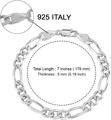 Charmsy Solid 925 Sterling Silver Figaro Link Chain Bracelet | Italian 4mm Diamond-Cut Figaro Chain Bracelet for Women Men (7, 7.5, 8, 8.5, 9 Inches), Made in Italy in Saudi Arabia