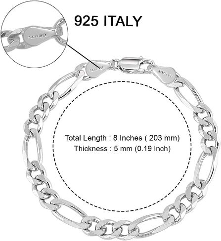 Charmsy Solid 925 Sterling Silver Figaro Link Chain Bracelet | Italian 4mm Diamond-Cut Figaro Chain Bracelet for Women Men (7, 7.5, 8, 8.5, 9 Inches), Made in Italy in Saudi Arabia